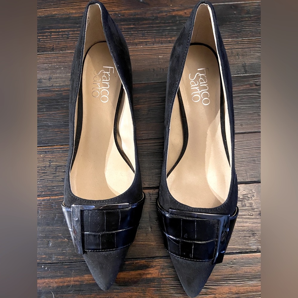 Franko Sarto Black Suede Low Wrapped Block Heels